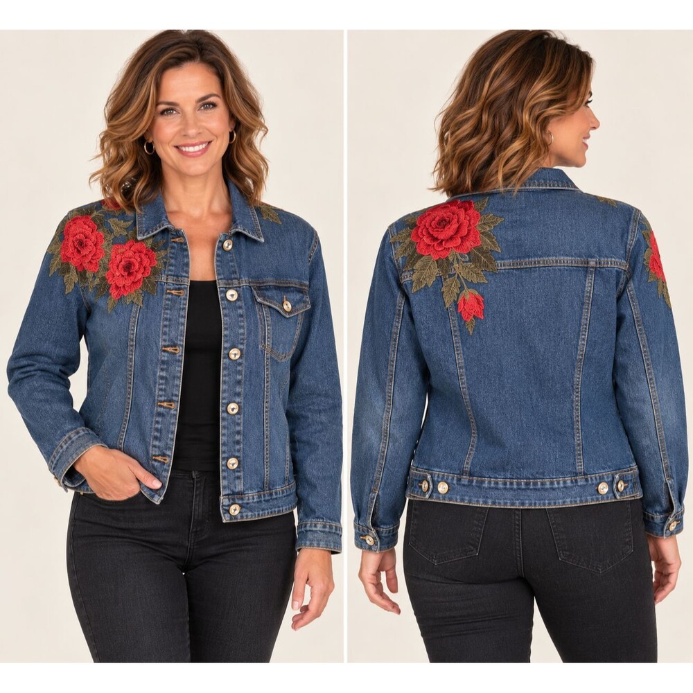 Live A Little Womens M Denim Jacket Red Rose Embroidered Rhinestone Buttons